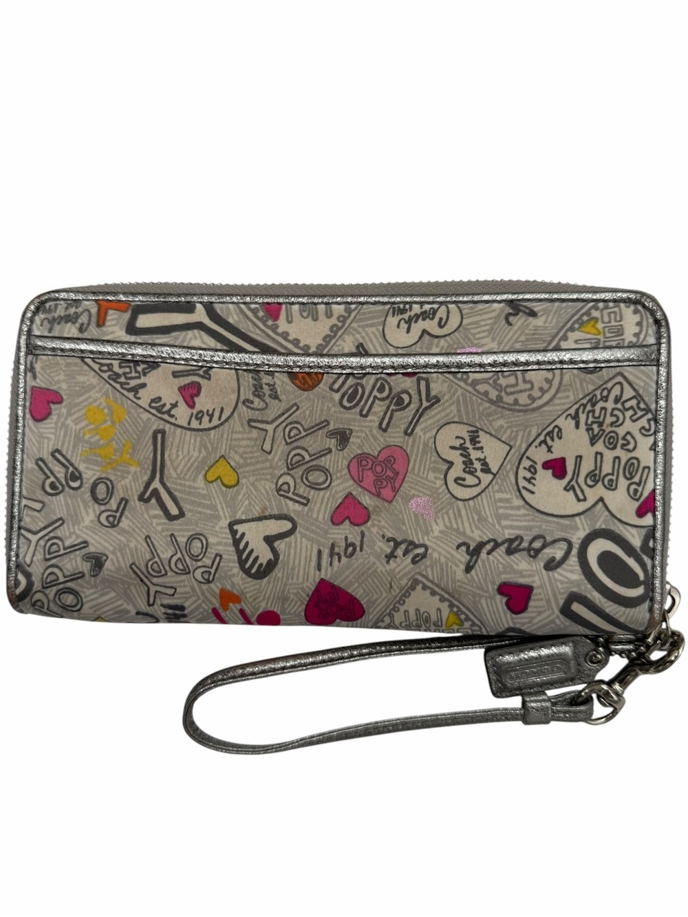 Coach Poppy Graffiti Zip Around Wallet Wristlet Silver Metallic - Picture 3 of 13